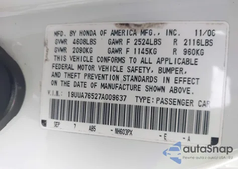 2007 Acura Tl Type S из США, поврежденный, VIN 19UUA76527A009637